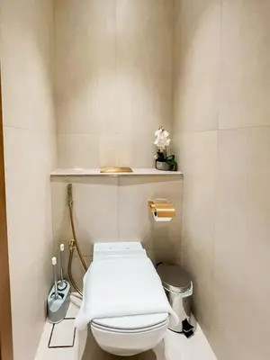 a bathroom with a white toilet with a shelf at Soft-Toned 1BR in Binghatti Gardenia with Pool & Gym in Dubai