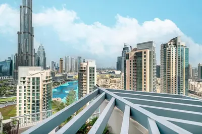 a view of a city skyline with tall buildings at Stunning Burj & Fountain View Downtown 29 Blvd in Dubai