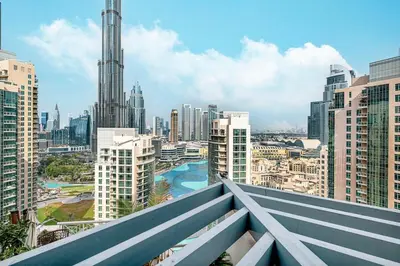 a view of a city skyline with tall buildings at Stunning Burj & Fountain View Downtown 29 Blvd in Dubai