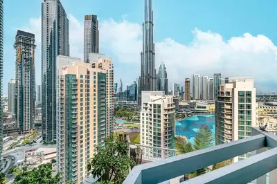 a view of a city skyline with tall buildings at Stunning Burj & Fountain View Downtown 29 Blvd in Dubai