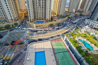 an overhead view of a city with a street with cars at Stunning 2 Bedroom Apartment in JBR with Balcony in Dubai