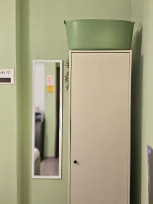 a room with a mirror and a door with a green ceiling at Green Zen Studio Metro 15 mins walk away in Dubai