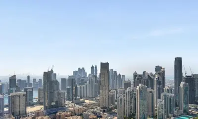 an aerial view of a city with tall buildings at Luxury Apartments in Downtown Near Dubai Mall and Burj Khalifa View in Dubai