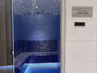 a bathroom with a blue shower with stars on the wall at Luxurious 1 BDR Zada Tower Business Bay 12 in Dubai