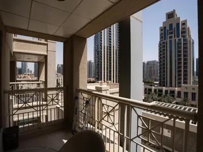 a balcony with a view of a city skyline at The Havenette comfy Studio in 29 BLVD Walk in Dubai