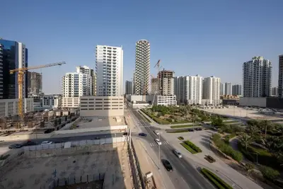 an aerial view of a city with tall buildings at Elegant 1BR Haven at Binghatti Phantom in Dubai