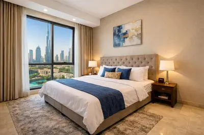 a bedroom with a large bed and a large window at NovaStay Appartments in Dubai