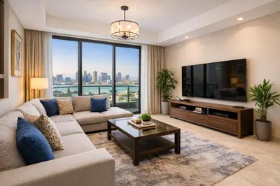 a living room with a couch and a tv at NovaStay Appartments in Dubai