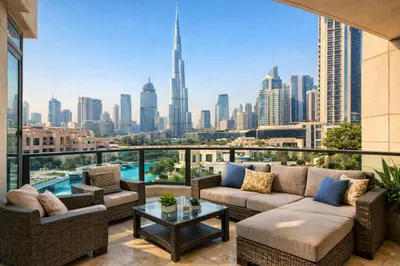 a living room with a view of the city at NovaStay Appartments in Dubai