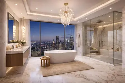 a bathroom with a large tub and a chandelier at NovaStay Appartments in Dubai