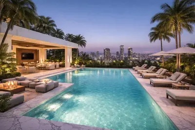 a swimming pool with lounge chairs and a city skyline at NovaStay Appartments in Dubai
