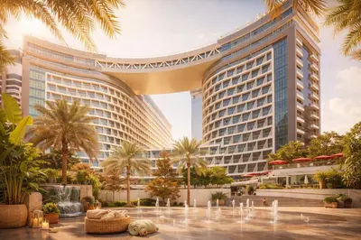 a rendering of a large building with palm trees at Luxury Studio with Private Beach Access - Palm Jumeirah in Dubai