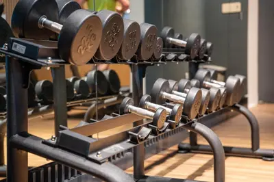 a row of dumbbells on display in a gym at Luxury Studio with Private Beach Access - Palm Jumeirah in Dubai