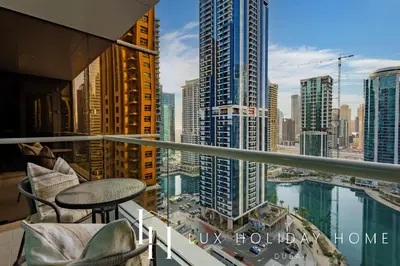 a balcony with a view of a city at LUX The JLT Gold Crest Suite in Dubai