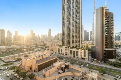an aerial view of a city with tall buildings at FIRST CLASS 2BR Burj View , Walk to Dubai Mall in Dubai