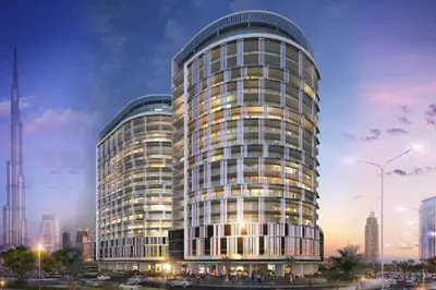 a rendering of a tall building in a city at Luxury Studio Cozy & comfy 12 Min Walk-Dubai Mall in Dubai
