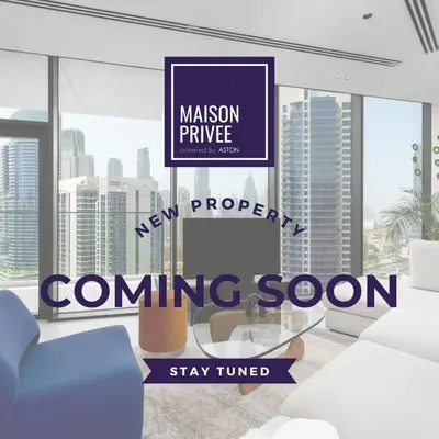 a rendering of a living room with a sign at Maison Privee - Urban Living with Dubai Marina Skyline Views in Dubai