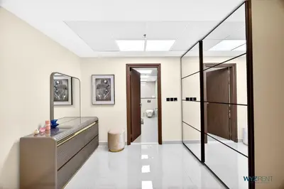 a bathroom with a glass counter and a toilet at Enchanted 1BR Royal Amwaj Burj View & Private Beach in Dubai
