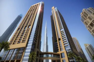 a view of the burj khalifa from between two tall buildings at Burj khalifa in Dubai