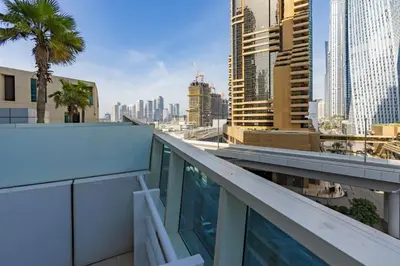 a balcony with a view of the city at Urban Haven - Peaceful Sanctuary - City Loft in Dubai