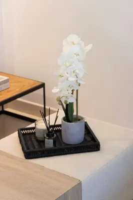 a vase with white flowers on a tray on a table at Spacious 3BR Villa plus Maids with Resort-Style Amenities in Tilal Al Ghaf in Dubai