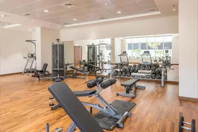 a gym with several exercise bikes and treadmills at Modern 1BR next to Dubai Mall and Burj Khalifa in Dubai