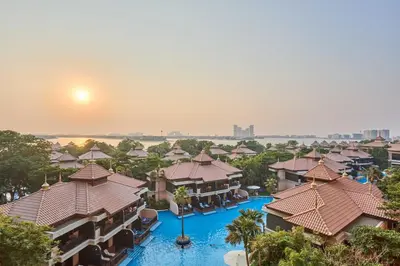 an aerial view of a resort with a pool at Royal Amwaj Palm Jumeirah - Luxury 1BR with Pool and Gym in Dubai