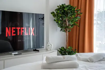 a bedroom with a tv and a bed with two pillows at Luxury Studio with Pool and Parking at Azizi Vista in Dubai