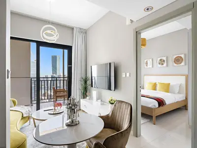 a hotel room with a bed and a balcony at Premium 1 BDR in Zada Tower-Business Bay in Dubai