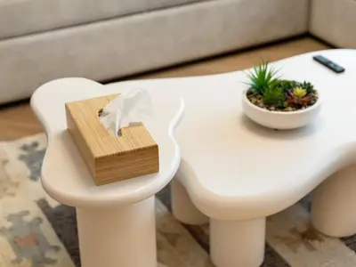 a white coffee table with a wooden box on it at BurjKhalifa l Live show fountain view 3BR Downtown in Dubai