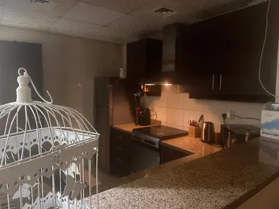 a kitchen with a bird cage on top of a counter at Luxury furnished bed room for VIP family in Dubai