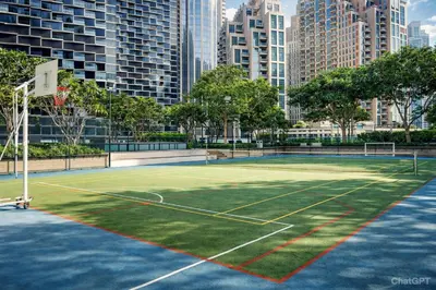 a tennis court in the middle of a city at High Rise Building in Burj Vista with Burj Khalifa View in Dubai