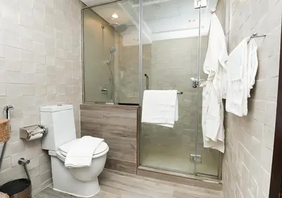 a bathroom with a toilet and a shower with towels at Luxury Executive 1BR with Full Burj Khalifa View- Downtown in Dubai