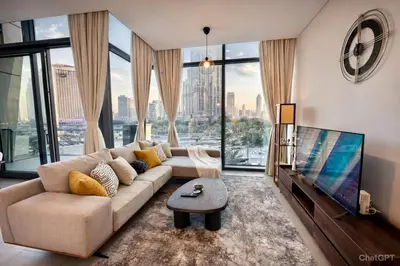 a living room with a couch and a flat screen tv at Luxury Apartment in Burj Vista with Burj Khalifa View in Dubai