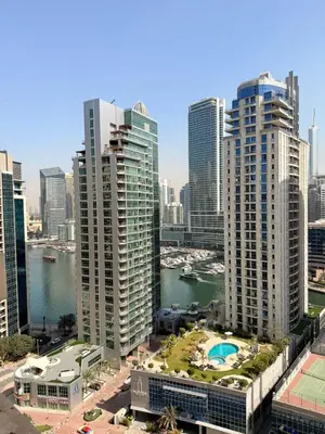 a view of a city skyline with tall buildings at Spacious & classic Apartment in center of JBR in Dubai