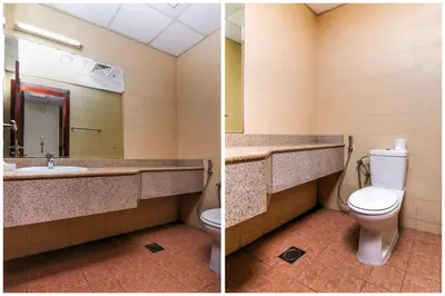 two pictures of a bathroom with a toilet and a sink at Parkside Hotel Apartment in Dubai