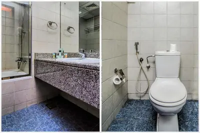 two pictures of a bathroom with a toilet and a sink at Parkside Hotel Apartment in Dubai