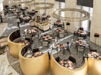 an overhead view of the lobby of a restaurant at Shangri-La Dubai in Dubai
