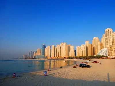 a view of a city with a beach and buildings at Dubai Jbr Amazing Penthouse With Stunning View in Dubai