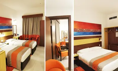 two pictures of a hotel room with two beds at Citymax Hotel Bur Dubai in Dubai
