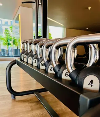 a row of rows of dumbbells in a gym at Millennium Central Downtown - Dubai in Dubai