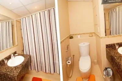 two pictures of a bathroom with a toilet and a sink at 2br Beach front Sea View in Dubai