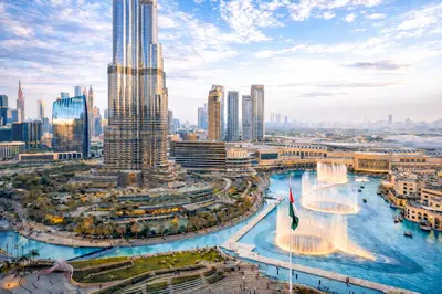 an aerial view of a city with a tall skyscraper at Elite Royal Apartment - Full Burj Khalifa & Fountain View - Premium in Dubai