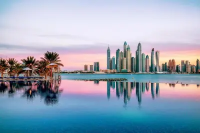 a skyline of a city with palm trees and buildings at Oceana Residences, Free beach & pool access in Dubai