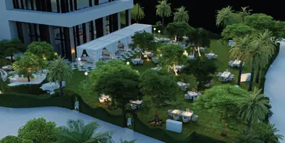 a model of a park with tables and trees at Delano Dubai at Bluewaters in Dubai
