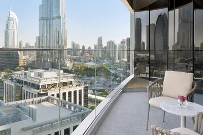 a balcony with a view of a city at Address Sky View, Downtown Dubai in Dubai