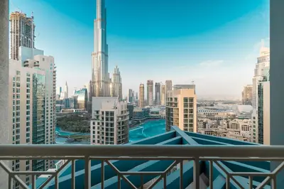 a view of a city from a balcony at Bella Vista - 29 Boulevard Downtown Burj Khalifa in Dubai