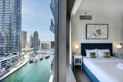 a hotel room with a view of a river at Sparkle Tower, Dubai Marina in Dubai