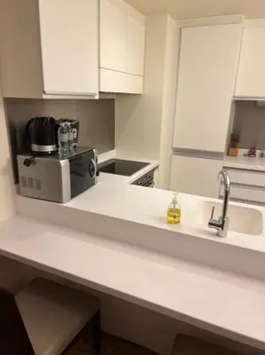 a kitchen counter with a sink and a microwave at Address Dubai Mall Fashion Avenue 1 bedroom 34 floor in Dubai