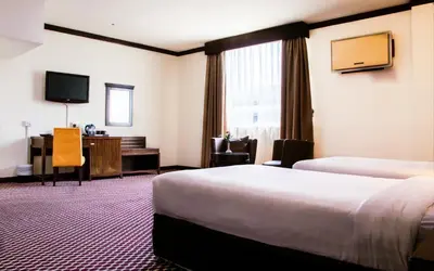 a hotel room with two beds and a television at Fortune Karama Hotel in Dubai